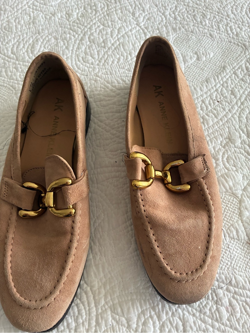 Anne Klein Nude Taupe Suede Slip-On Loafers with Gold Accent
